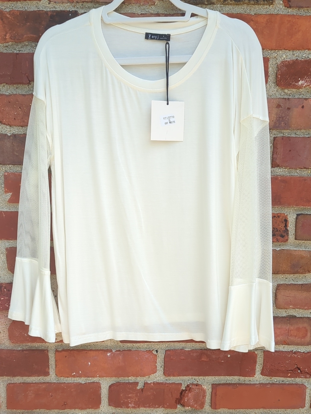 Very J Cream Long-Sleeve Top with Mesh Sleeves and Fluted Cuffs